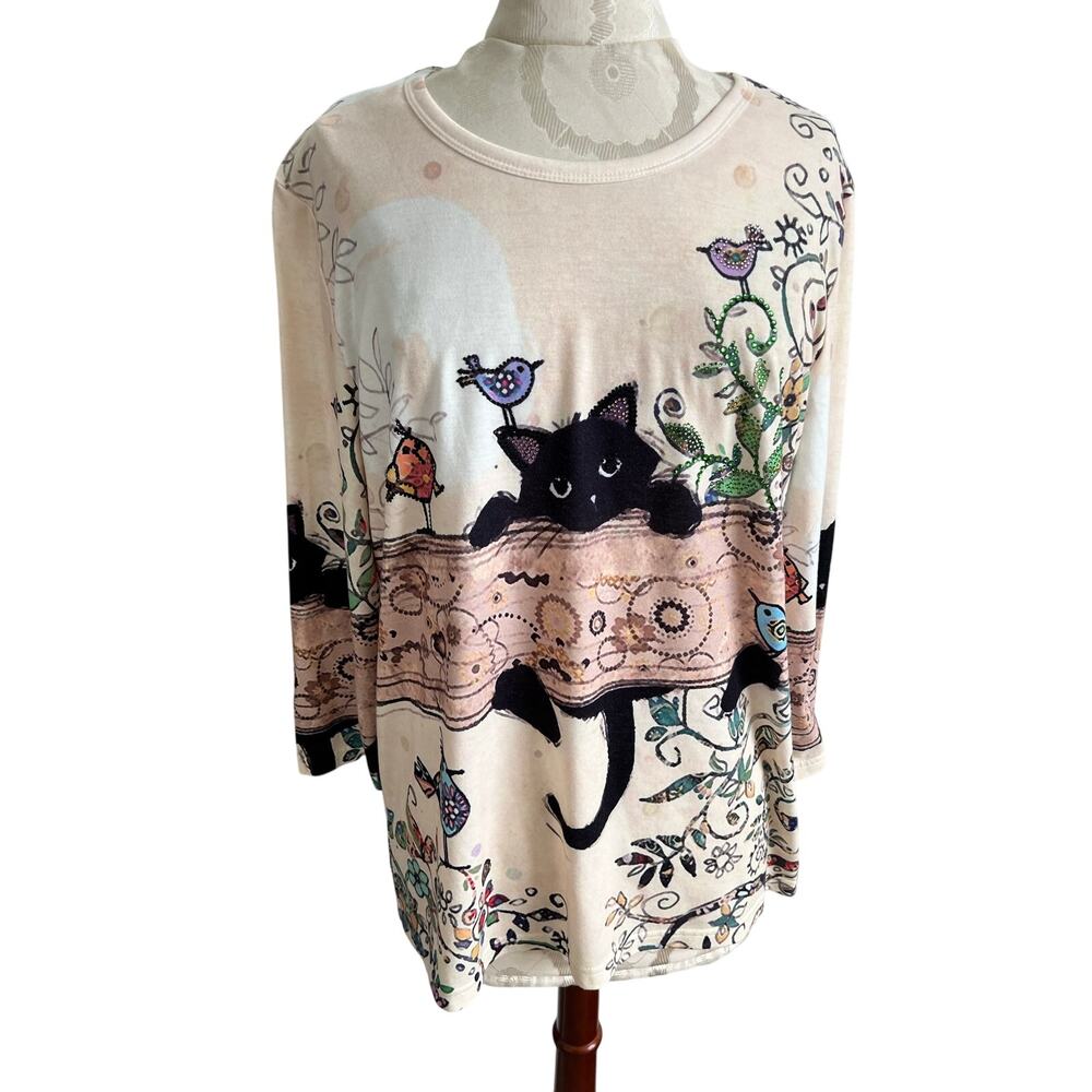 Catalog Favorites Embellished Playful Kitty 3/4 Sleeve Blouse Large
